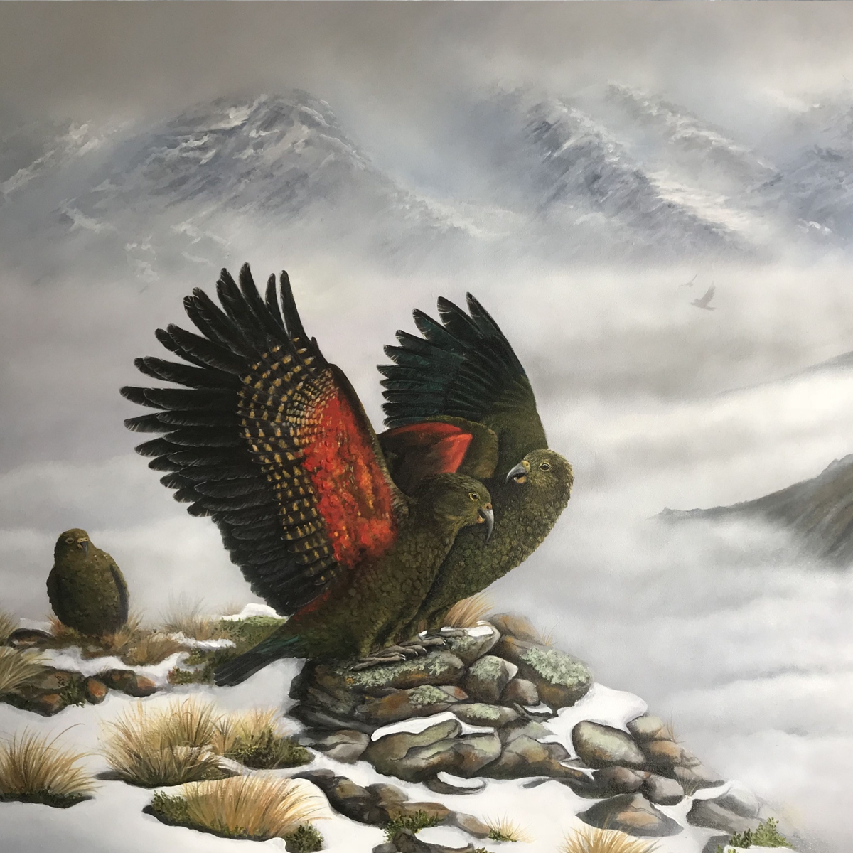 Mountain Monarchs - playful kea in the snowy mountain peaks - original artwork by Tania Jack